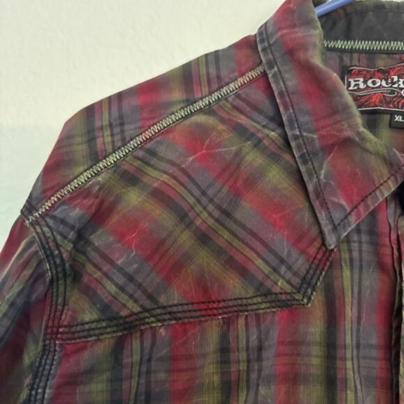 Mens Long Sleeve Shirt XL Red Plaid Snap Down Western Cowboy Rockabilly - Picture 5 of 13